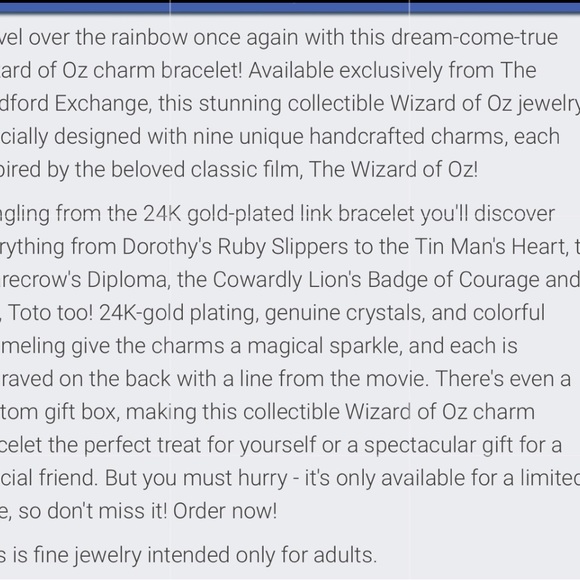 Bradford Exchange WIZARD of OZ Gold Plated Multi Color Sparkly Charm Bracelet - Picture 5 of 5